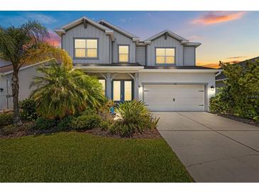 Charming two-story home with lush landscaping and a two-car garage, painted in neutral tones with a welcoming entrance at 3161 Satilla Loop, Odessa, FL 33556