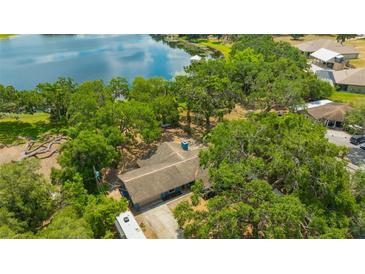 Stunning aerial view of a cozy home surrounded by mature trees and overlooking a tranquil lake at 525 Gornto Lake Rd, Brandon, FL 33510