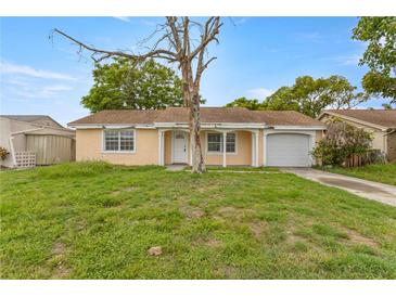Charming single-story home with a front yard and attached garage, perfect for a starter home at 3559 Rock Royal Dr, Holiday, FL 34691
