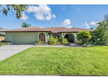 Charming single-story home with well-manicured lawn, lush landscaping, and an attached two-car garage at 14169 Fennsbury Dr, Tampa, FL 33624