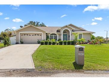 Charming single-story home featuring a two-car garage, manicured lawn, and lovely landscaping at 22852 Fern Ct, Land O Lakes, FL 34639