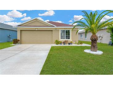 Charming single-story home with lush lawn, mature palm tree, and attached two-car garage at 12925 Fieldmoor Ct, Riverview, FL 33579