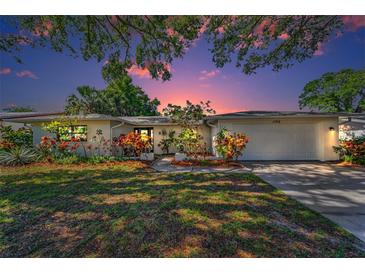 Charming single-story home featuring a well-maintained lawn and colorful landscaping, creating a welcoming curb appeal at 1766 Hitching Post Ln, Dunedin, FL 34698