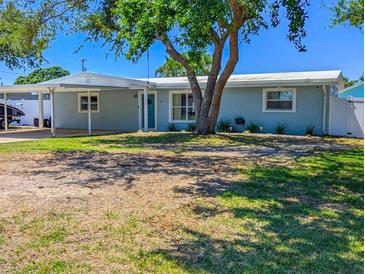 Single-story home featuring a carport, a tree in the front yard, and a blue exterior at 489 Fox Run Trl, Apollo Beach, FL 33572
