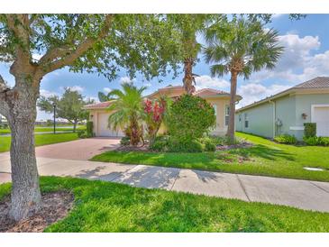 Well-maintained home with tropical landscaping, mature trees, and a brick driveway at 16227 Cape Coral Dr, Wimauma, FL 33598