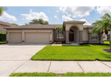 Charming home with a well-manicured lawn, large windows, and a three car garage at 18518 Bittern Ave, Lutz, FL 33558