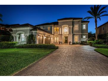 Stately two-story home boasting a meticulously landscaped front yard and a paved driveway at twilight at 14806 Harry Colt Ct, Tampa, FL 33626