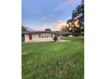 Charming single-story home featuring a red door, and a well-manicured front yard at 33516 Arthur Dr, Wesley Chapel, FL 33543