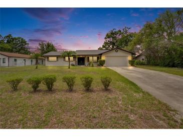 Charming single-story home with a well-manicured lawn and a cozy, inviting appeal in the evening light at 16112 N 15Th St, Lutz, FL 33549