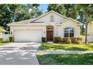 Charming single-story home with a manicured lawn, a two-car garage, and a welcoming entrance at 203 Montara Dr, Seffner, FL 33584