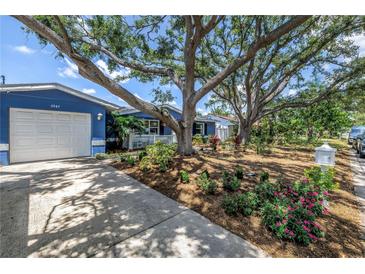 Charming blue single-story home showcasing a large tree-covered front yard and a welcoming driveway at 5947 46Th N Ave, Kenneth City, FL 33709