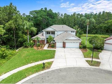 Charming two-story home with a three-car garage, lush landscaping, and a welcoming front yard on a cul-de-sac at 6127 Cezanne Ave, Lutz, FL 33558