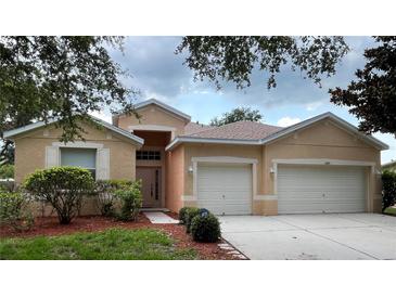 Charming single-story home features a two-car garage and landscaped front yard with a well-maintained lawn at 11420 Bridge Pine Dr, Riverview, FL 33569