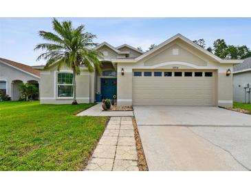 Well-maintained home featuring a two-car garage, lush lawn, and a welcoming blue front door at 30918 Burleigh Dr, Wesley Chapel, FL 33543