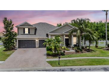 Charming home featuring a well-manicured lawn, mature palm trees, a two-car garage, and beautiful exterior lighting at 3656 Kalanchoe Pl, Wesley Chapel, FL 33544