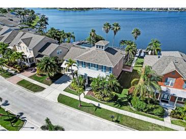 Stunning aerial view of a waterfront home with lush landscaping and private dock access to the tranquil bay waters at 5225 Brighton Shore Dr, Apollo Beach, FL 33572