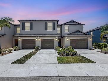 New construction townhomes featuring multi-car garages, modern exteriors, and manicured landscaping at 841 Royal Empress Dr, Ruskin, FL 33570