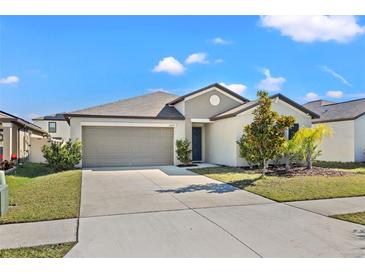 Charming single-story home with a well-manicured lawn and a two-car garage and lush landscaping at 16632 Sunburst Lake St, Wimauma, FL 33598