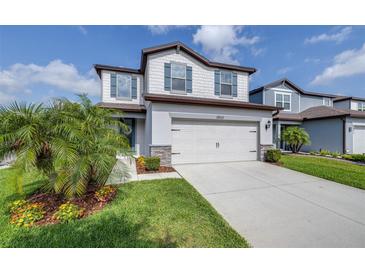 Charming two-story home with a two-car garage, light gray siding, and a beautifully landscaped front yard at 6563 Ryestone Way, Wesley Chapel, FL 33545