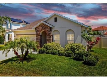 Charming single-story home boasts stone accents, arched entryway, and lush green lawn with mature tropical landscaping at 11623 Tetrafin Dr, Riverview, FL 33579