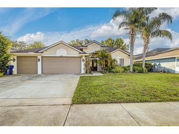 Charming single-story home features a well-manicured lawn, mature palm trees and a two-car garage at 447 Bridle Path Way, Tarpon Springs, FL 34688