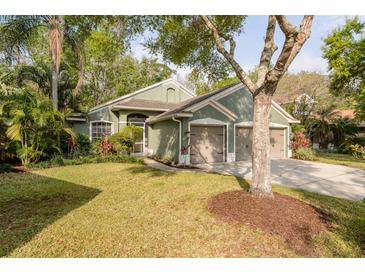 Charming single-story home with a three-car garage, lush lawn, mature trees, and tropical landscaping at 5619 Essex Ct, Palm Harbor, FL 34685