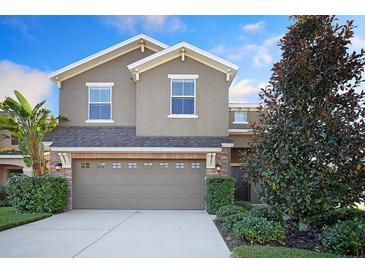 Two story home features a 2-car garage, neutral stucco, manicured landscaping, and a walkway to the front door at 16016 Persimmon Grove Dr, Lithia, FL 33547