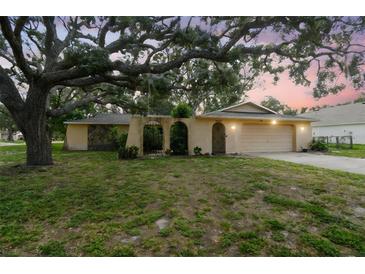 Charming single-story home with arched gate, front yard, and a mature tree in a beautiful residential setting at 2410 Covington Ave, Spring Hill, FL 34608