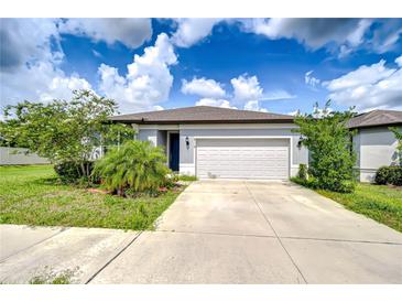 Charming single Gathering home featuring a two-car garage and landscaped front yard with lush green grass and plants at 6119 Bradford Woods Dr, Zephyrhills, FL 33542