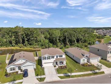 An aerial view of a two-story home with a well-manicured lawn near a peaceful pond and lush green trees at 3739 Capri Coast Dr, Plant City, FL 33565