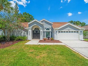 Charming single-story home with manicured lawn, double-door entry, and two-car garage, all under a bright blue sky at 14103 Stonebrook Ct, Tampa, FL 33624