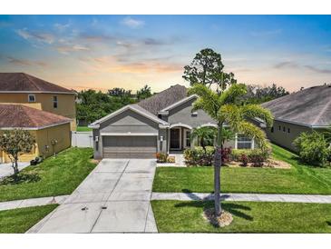 Charming home featuring a well-maintained lawn, landscaping, a two-car garage, and a driveway at 1517 Yale Castle Ct, Ruskin, FL 33570