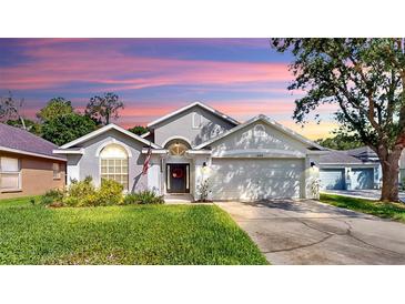 Charming single-story home features a well-manicured lawn, two-car garage, and delightful curb appeal at 16928 Hawkridge Rd, Lithia, FL 33547
