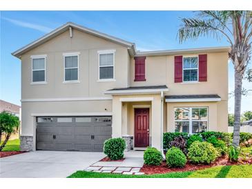 Charming two-story home with a well-manicured front yard and a modern gray garage door at 5446 Suncatcher Dr, Wesley Chapel, FL 33545