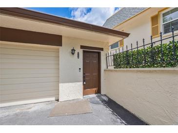 Inviting front door with a chocolate brown color, located by the garage and features an outdoor lamp at 4463 Vieux Carre Cir, Tampa, FL 33613