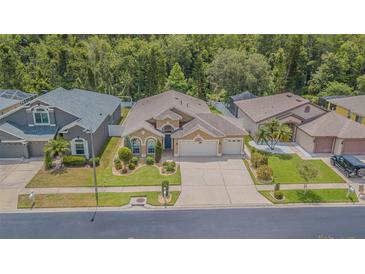 Beautiful single-Gathering home with a manicured lawn, garden beds, and a spacious three-car garage at 2124 Rensselaer Dr, Wesley Chapel, FL 33543