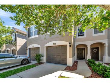 Charming townhome featuring a two-car garage, and a welcoming front entrance with decorative door at 10217 Westpark Preserve Blvd, Tampa, FL 33625