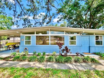 Charming blue home featuring a well-manicured garden, a front door, and unique architectural details at 6700 14Th N St, St Petersburg, FL 33702