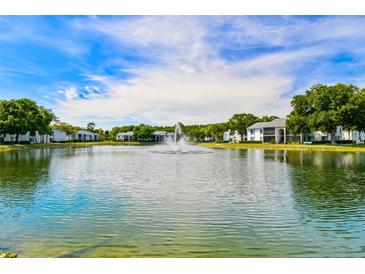 Scenic lake view featuring a fountain and surrounding residential buildings, offering a tranquil community atmosphere at 1109 Pine Ridge W Cir # C1, Tarpon Springs, FL 34688