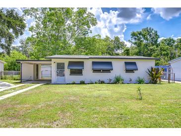 Charming single-story home featuring awnings, a carport, green grass, and beautiful landscaping at 6004 S 82Nd St, Tampa, FL 33619