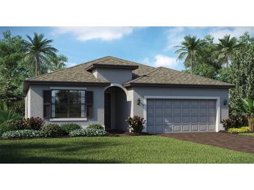 Charming single-story home featuring a well-manicured lawn, gray siding, and a two-car garage, surrounded by lush landscaping and palm trees at 7919 Lakes Edge Ln, Port Charlotte, FL 33981