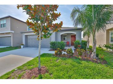 Charming single-story home featuring a well-manicured lawn and colorful landscaping at 9423 Lemon Drop Loop, Sun City Center, FL 33573