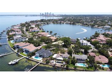 Stunning aerial view of waterfront homes with pools and private docks on a sunny day at 1967 Brightwaters Ne Blvd, St Petersburg, FL 33704