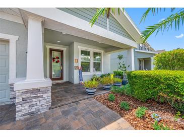 Charming covered porch and front door featuring colorful decor and well-maintained landscaping at 4633 Ballantrae Blvd, Land O Lakes, FL 34638
