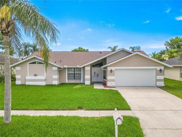 Charming single-story home with manicured lawn, lush landscaping, and a two-car garage at 1838 Eagle Ridge Blvd, Palm Harbor, FL 34685