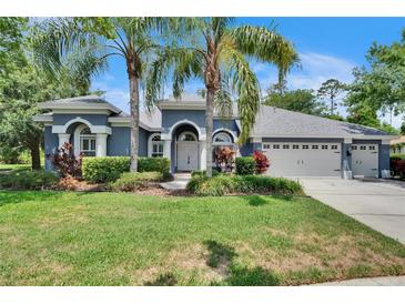 Charming blue home featuring a three-car garage, well-manicured lawn, and lush landscaping at 27440 Cedar Park Ct, Wesley Chapel, FL 33544