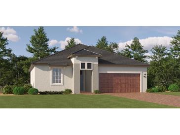 Charming one-story home featuring a brick driveway, neutral stucco, and a brown garage door at 12313 Precious Ruby Way, Parrish, FL 34219