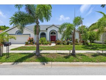 Charming single-Gathering home with a well-manicured lawn, mature landscaping, and a bright red front door at 3457 Foxhall Dr, Holiday, FL 34691