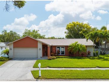 Charming single-story home with well-maintained lawn and landscaping, featuring a two-car garage at 460 Meravan Dr, Palm Harbor, FL 34683