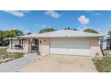 Charming single-story home with a well-maintained lawn, arched entryway, and an attached two-car garage at 9115 Panda Ln, Port Richey, FL 34668